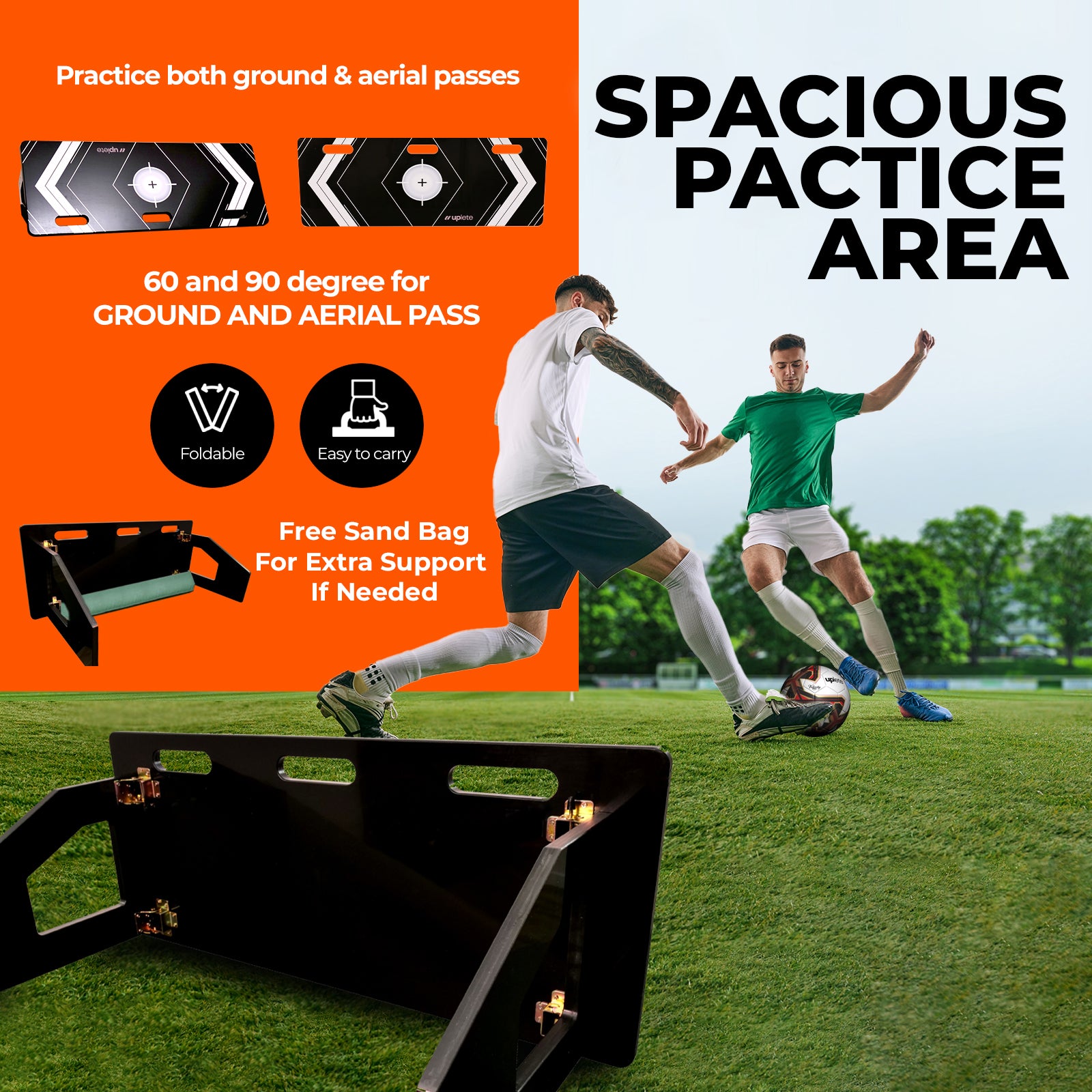 Uplete Portable Soccer Rebounder Board – Dual Angle Training Wall for Passing & Shooting - 32x12-Inch Surface