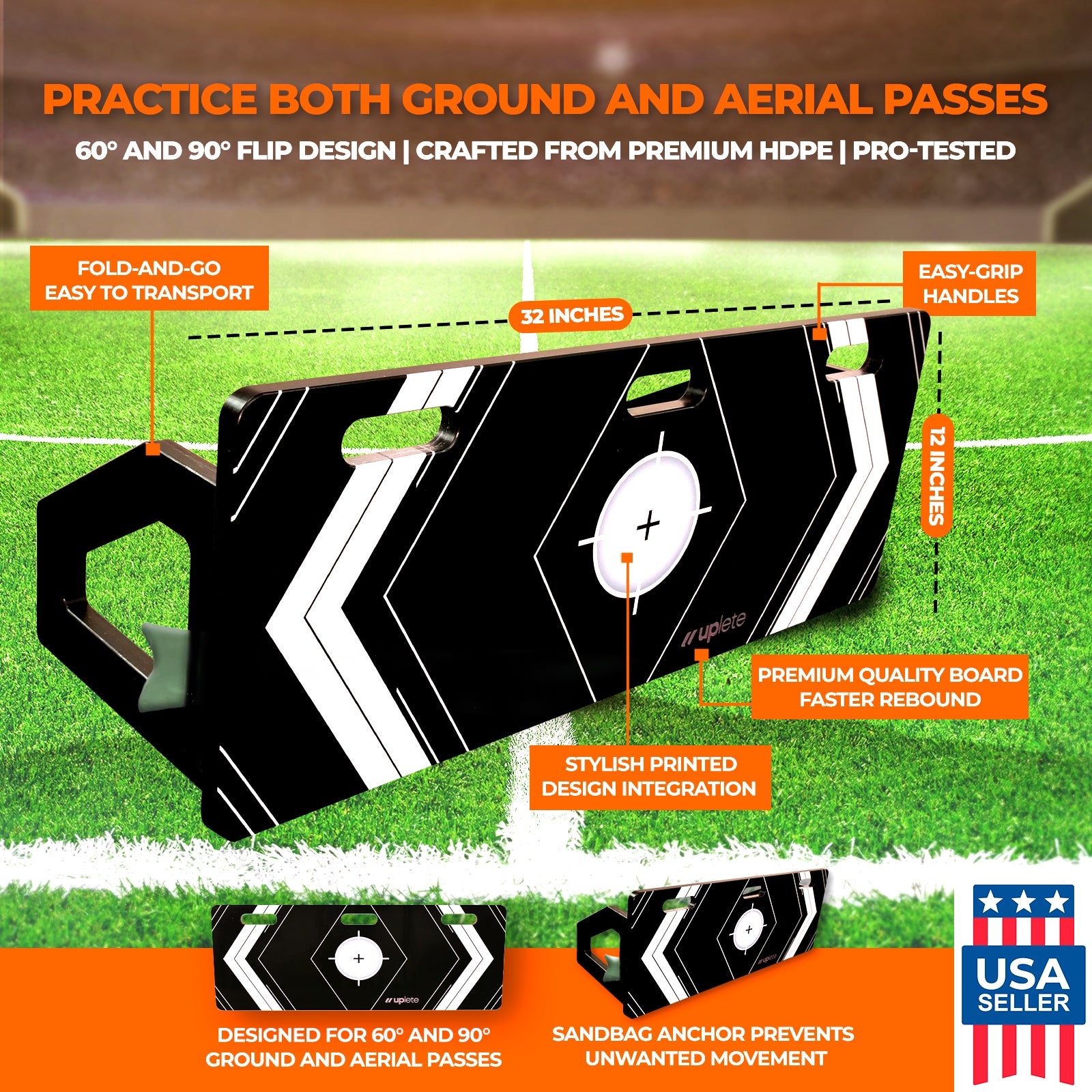 Uplete Portable Soccer Rebounder Board – Dual Angle Training Wall for Passing & Shooting - 32x12-Inch Surface
